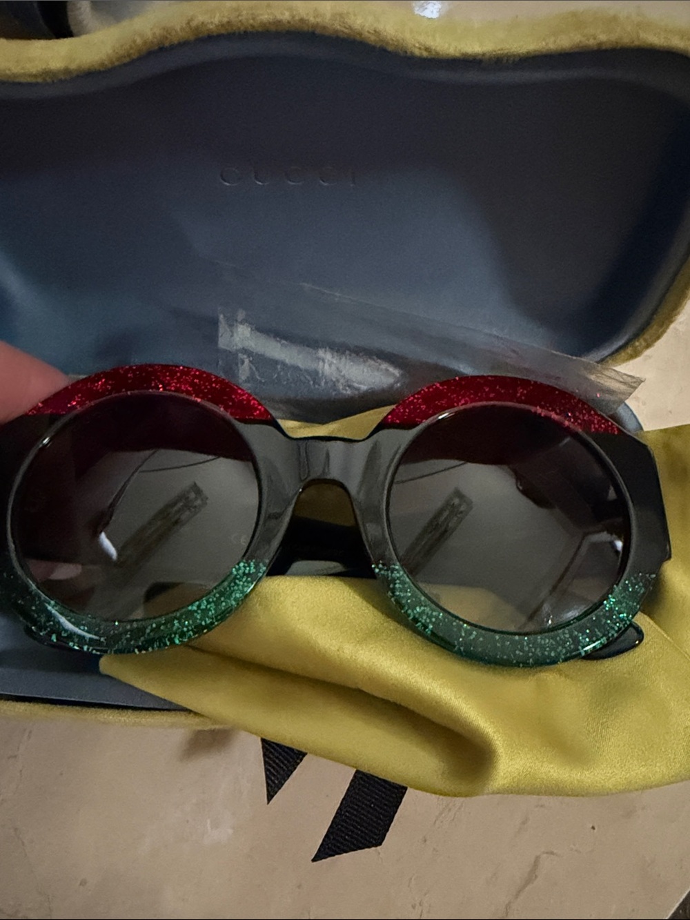 Gucci Round Glitter Frame Sunglasses in Red & Green with Black Frame
